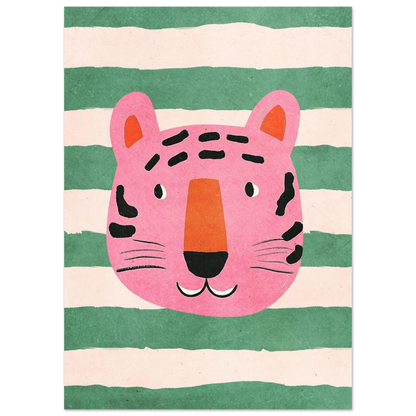 Närbild på rosa tigerillustration med svarta ränder och lekfull blick