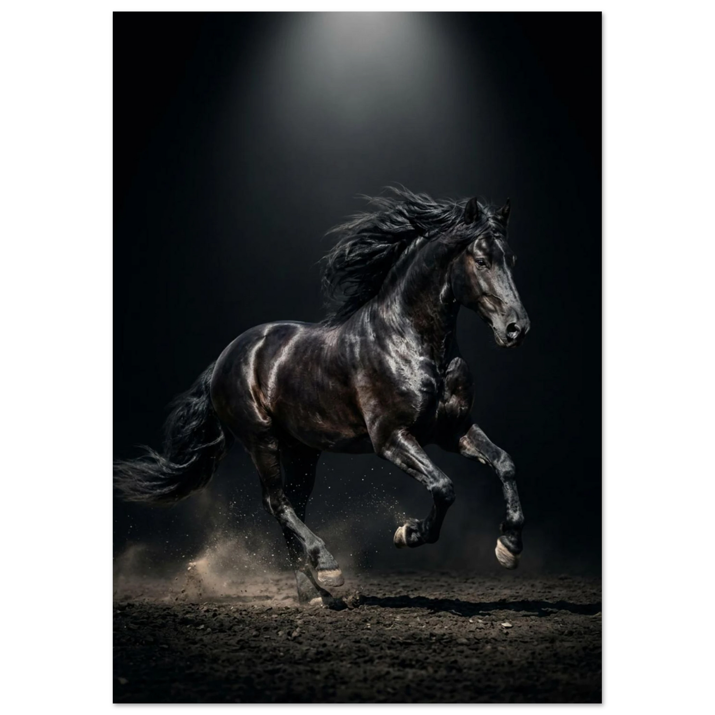 Svart häst i full galopp, manen flödar, dramatisk belysning, kraftfullt djurmotiv.