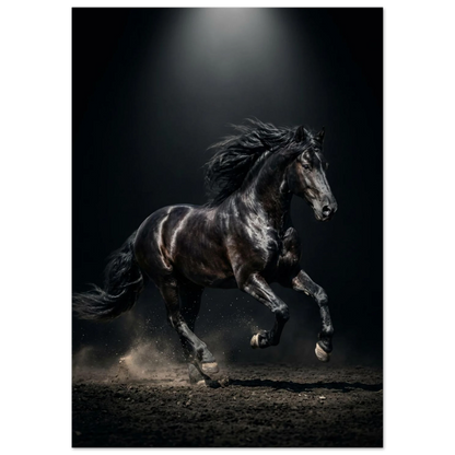 Svart häst i full galopp, manen flödar, dramatisk belysning, kraftfullt djurmotiv.