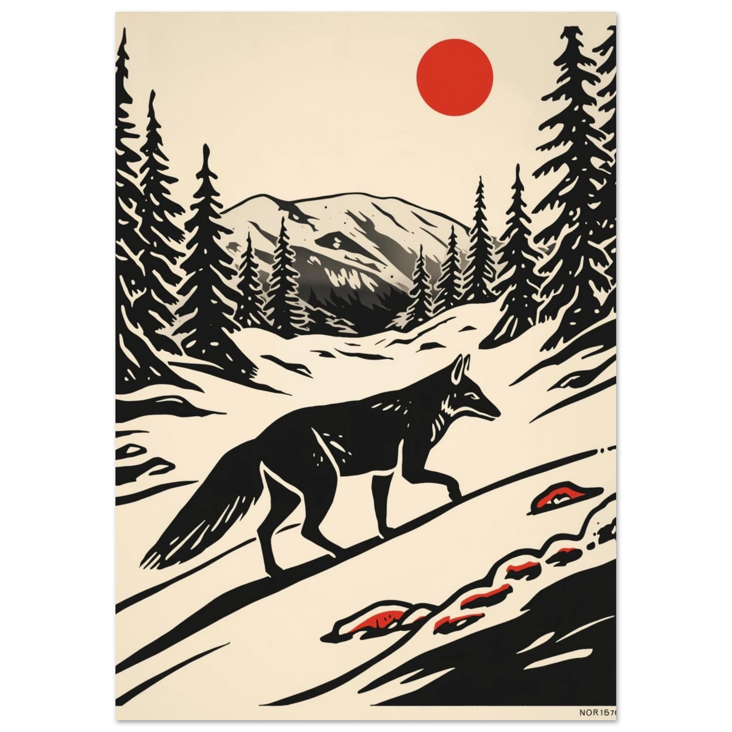 Vildmarksmotiv med varg och snöklädda granar under röd himlakropp