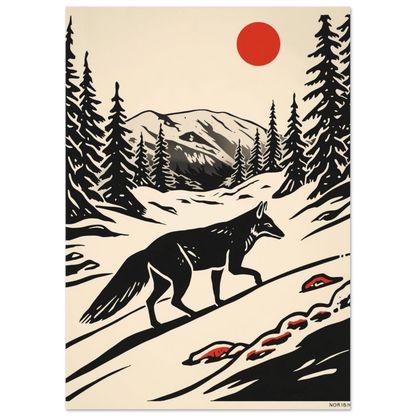 Vildmarksmotiv med varg och snöklädda granar under röd himlakropp