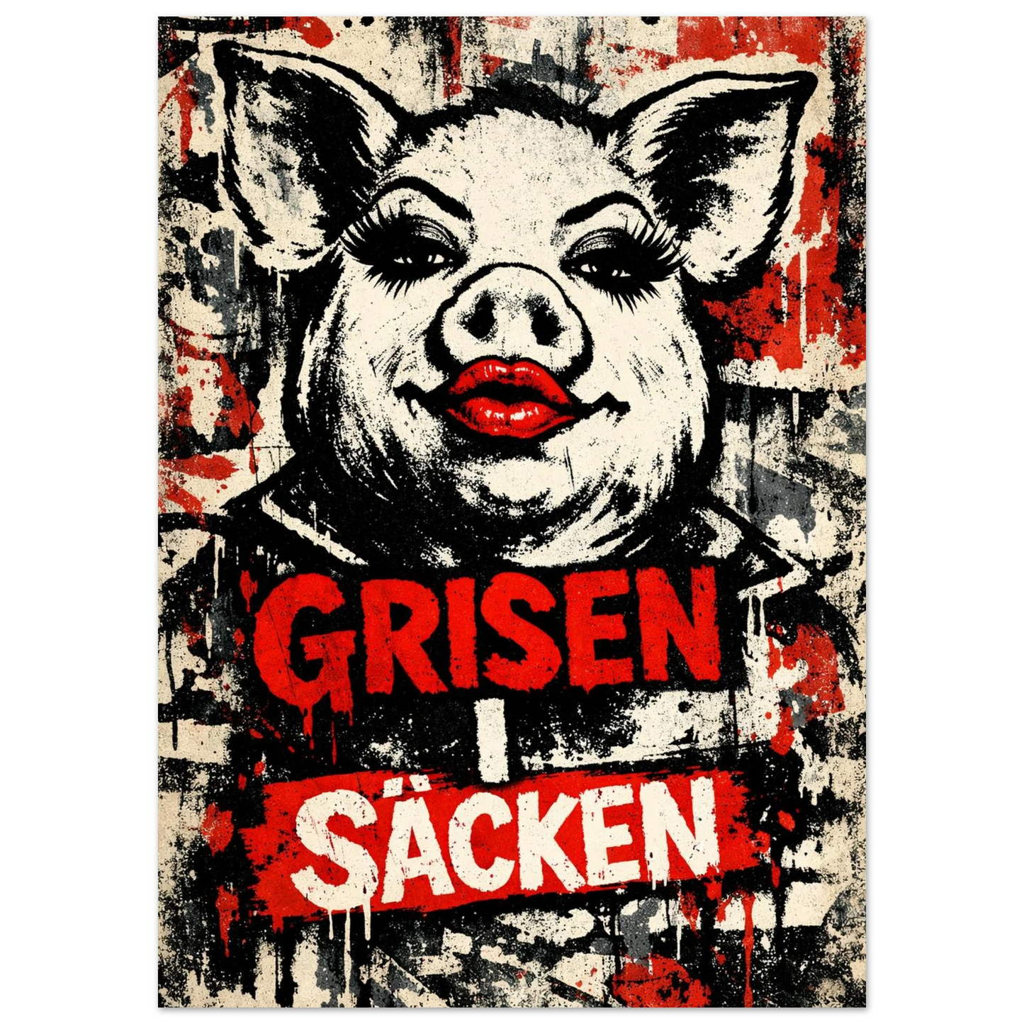 Närbild på ett provocerande grismotiv i grunge-stil med röda och svarta färgstänk – Retro poster