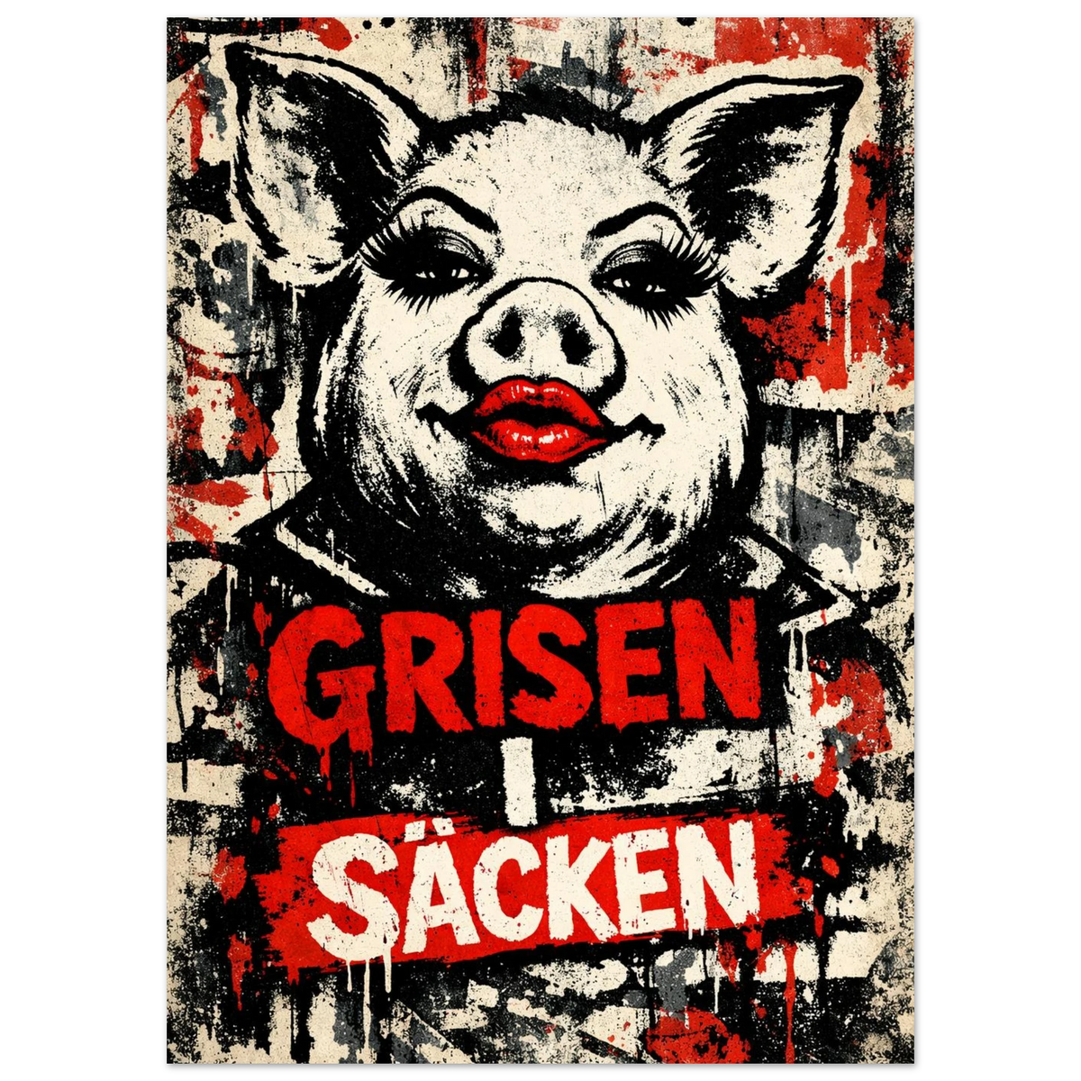 Närbild på ett provocerande grismotiv i grunge-stil med röda och svarta färgstänk – Retro poster