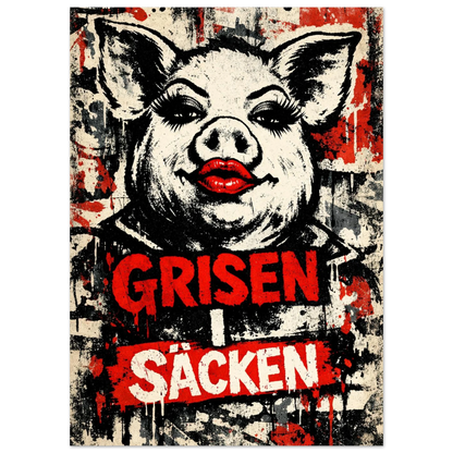 Närbild på ett provocerande grismotiv i grunge-stil med röda och svarta färgstänk – Retro poster