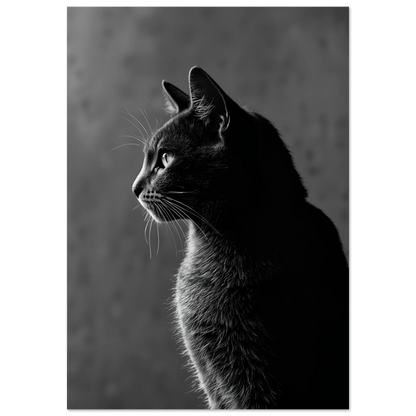 Svartvit katt i sidoprofil, belyst från sidan mot enfärgad bakgrund – Fotorealistisk poster