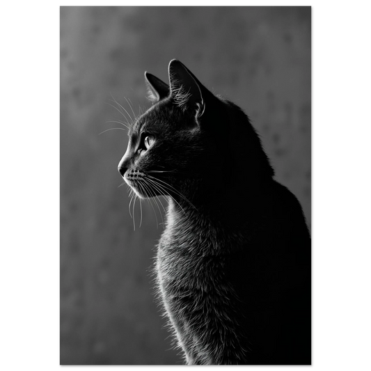 Svartvit katt i sidoprofil, belyst från sidan mot enfärgad bakgrund – Fotorealistisk poster