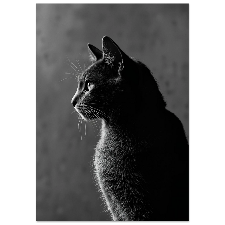 Svartvit katt i sidoprofil, belyst från sidan mot enfärgad bakgrund – Fotorealistisk poster
