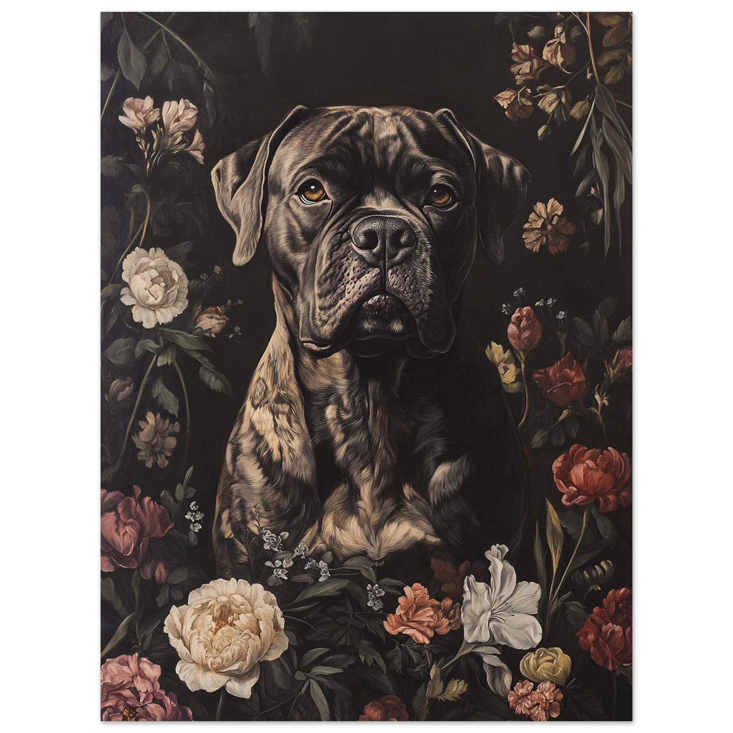 Oljemålning av Cane Corso i en antik blomsterram – sofistikerad väggkonst