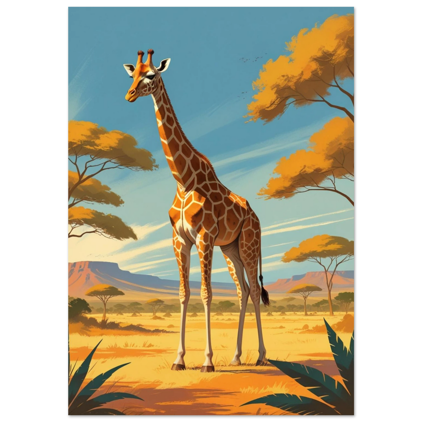 Ståtlig giraff på solig savann – vintageinspirerad djurposter i varma toner