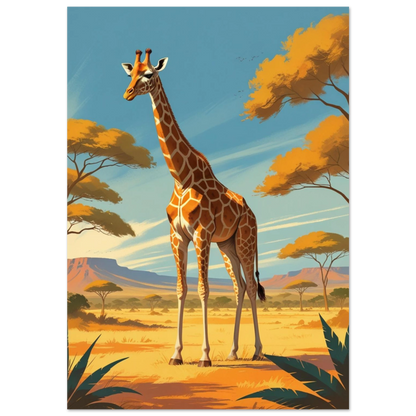 Ståtlig giraff på solig savann – vintageinspirerad djurposter i varma toner