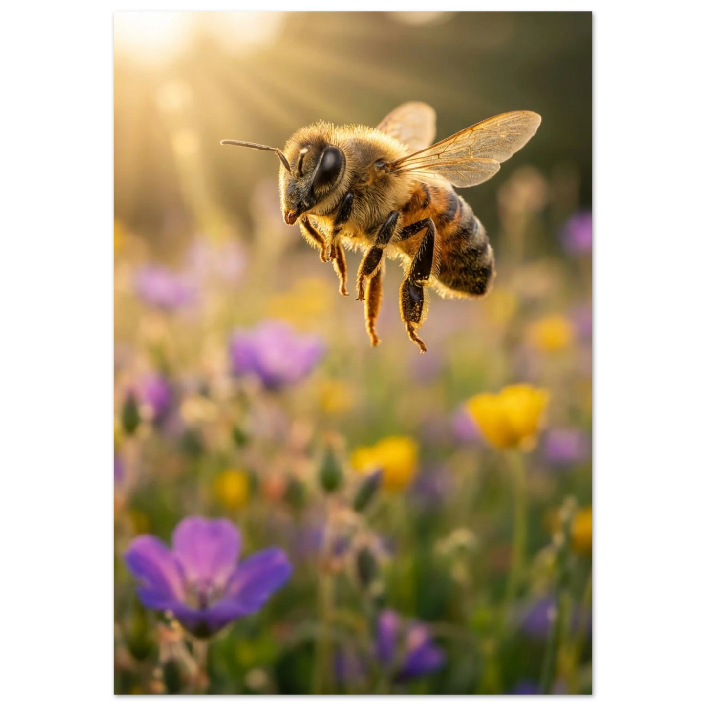 Flygande bi över blomsteräng i kvällsljus – Fotorealistisk poster