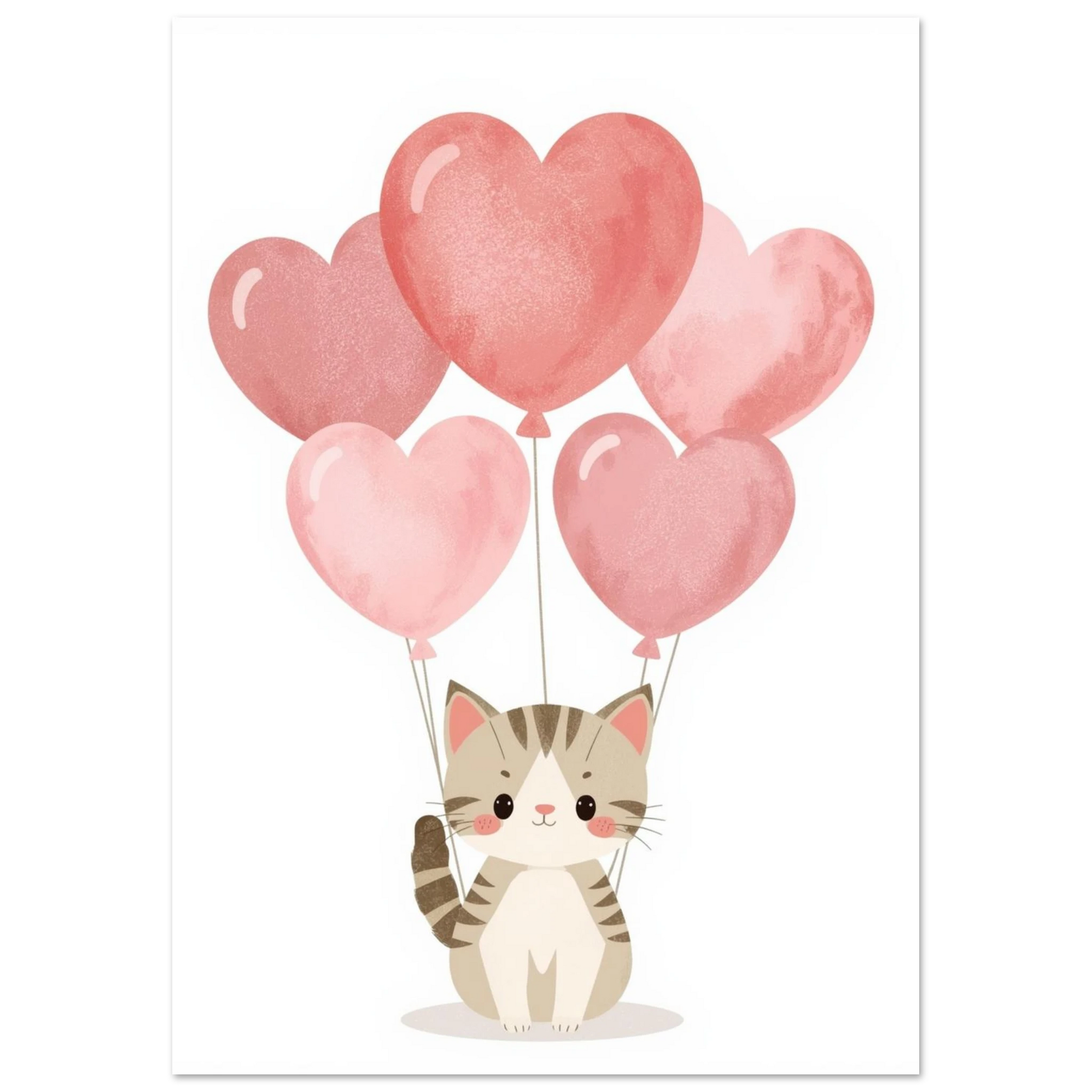Mjuk akvarellmålning av kattunge med ballonger i olika rosa nyanser
