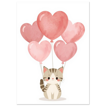 Mjuk akvarellmålning av kattunge med ballonger i olika rosa nyanser