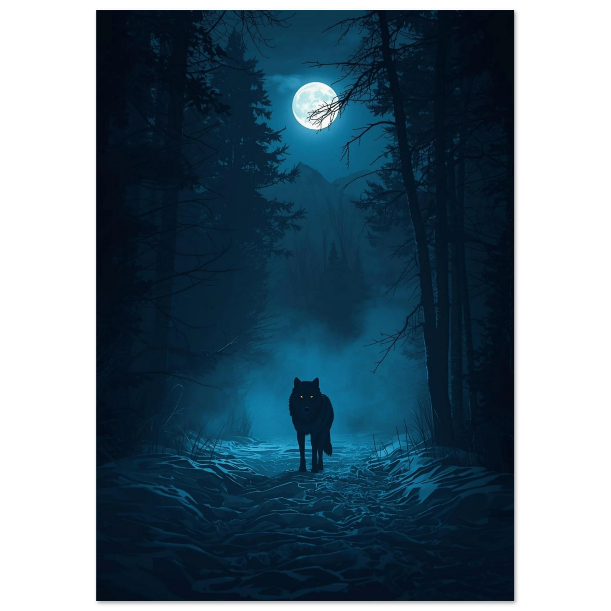 Silhuett av varg under fullmåne i frostig vinternatt, grafiskt print