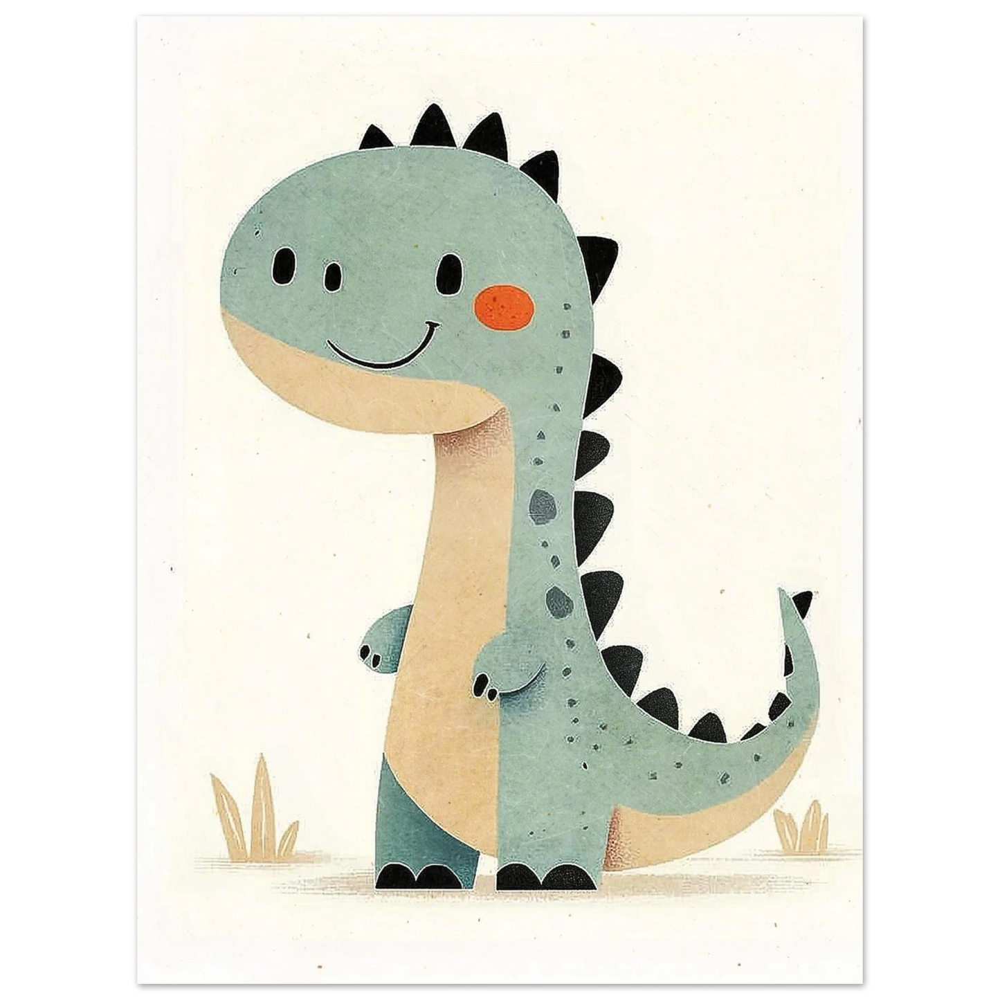 Vänlig grön dinosauriefigur mot ljus bakgrund – grafisk djurposter