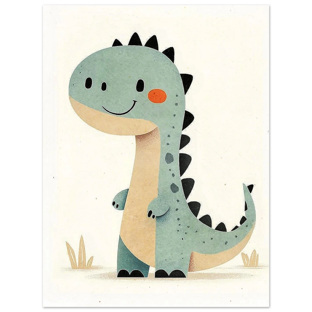 Vänlig grön dinosauriefigur mot ljus bakgrund – grafisk djurposter