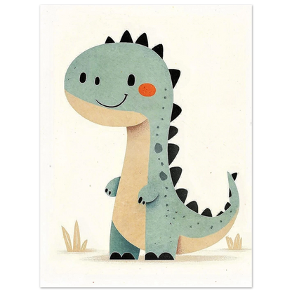 Vänlig grön dinosauriefigur mot ljus bakgrund – grafisk djurposter