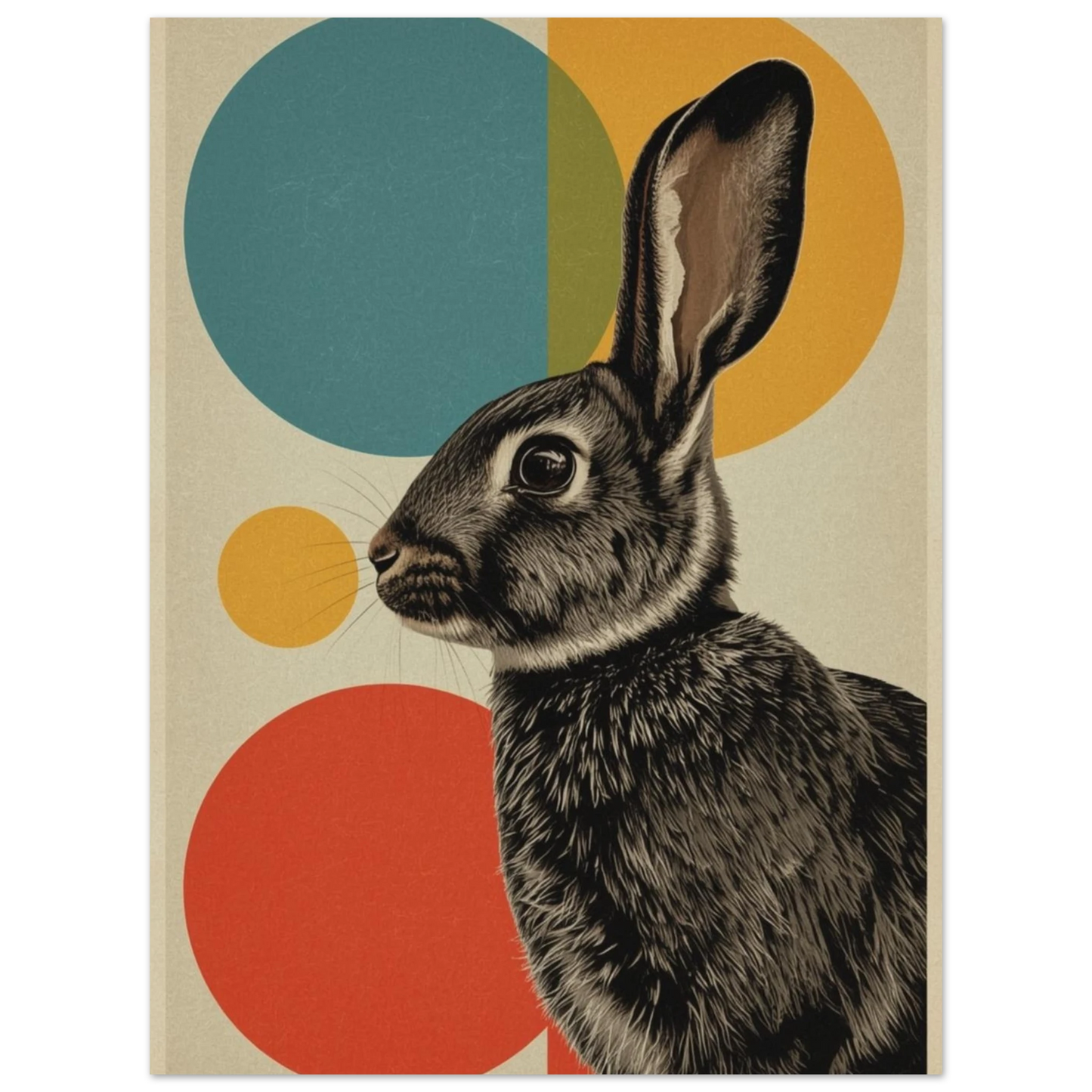 Minimalistiskt djurmotiv med kanin och färgglada cirklar – retro poster