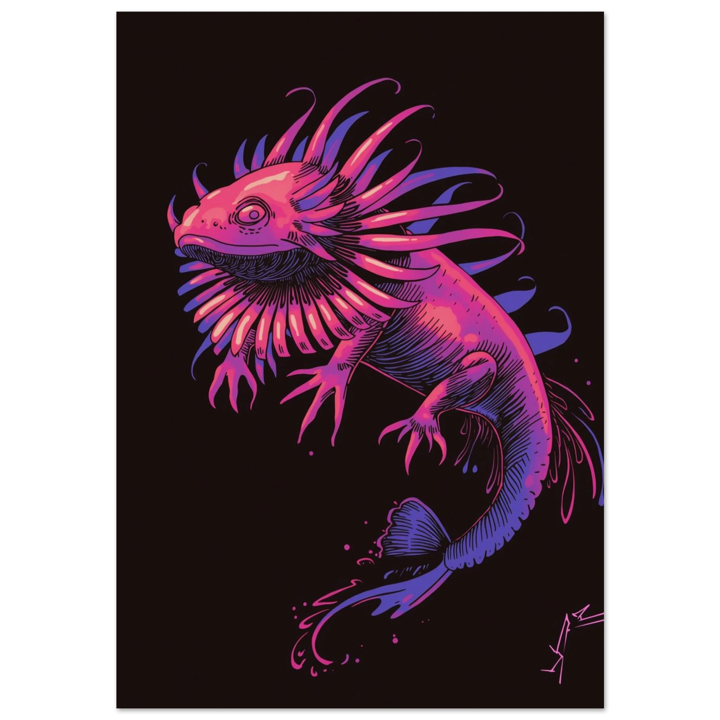 Neonrosa axolotl med lila gälar i surrealistisk illustration mot svart