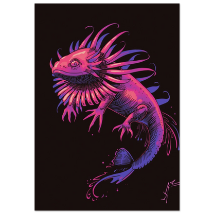 Neonrosa axolotl med lila gälar i surrealistisk illustration mot svart