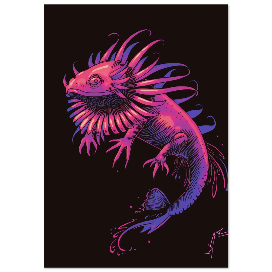 Neonrosa axolotl med lila gälar i surrealistisk illustration mot svart