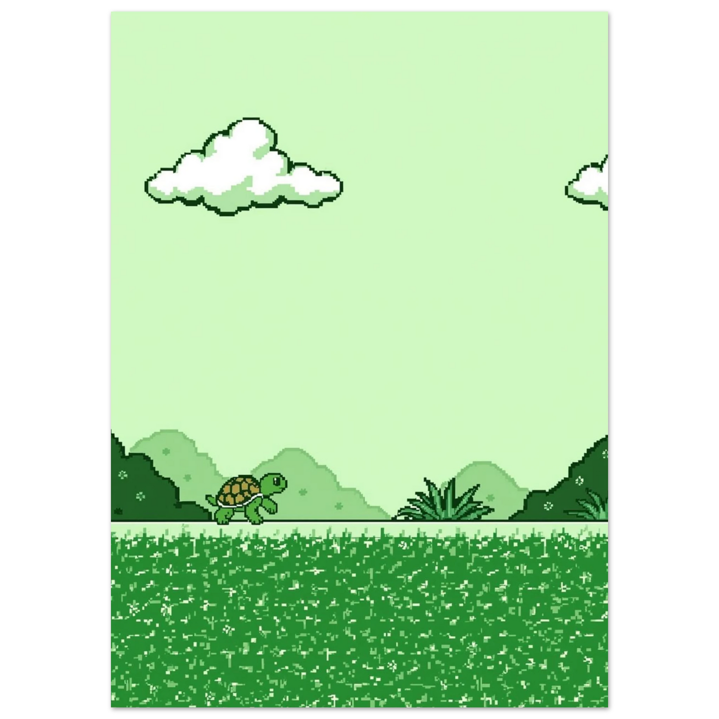 Pixelkonst av en sköldpadda i ett grönt retro-inspirerat naturmotiv