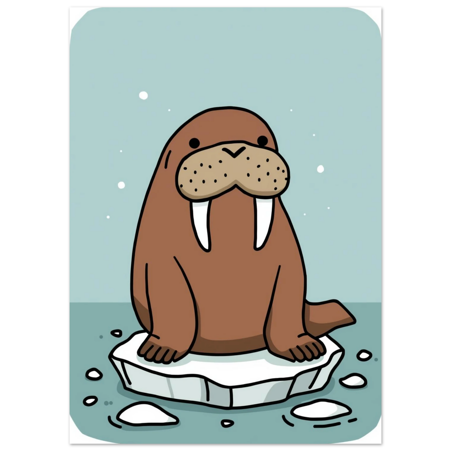 Illustration av en valross med stora betar på is, arktiskt djurmotiv