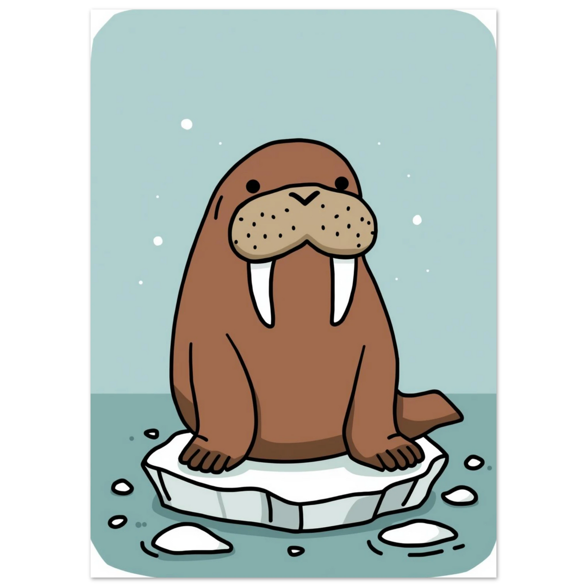 Illustration av en valross med stora betar på is, arktiskt djurmotiv