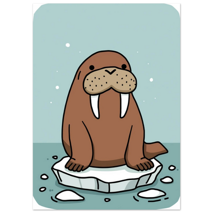 Illustration av en valross med stora betar på is, arktiskt djurmotiv