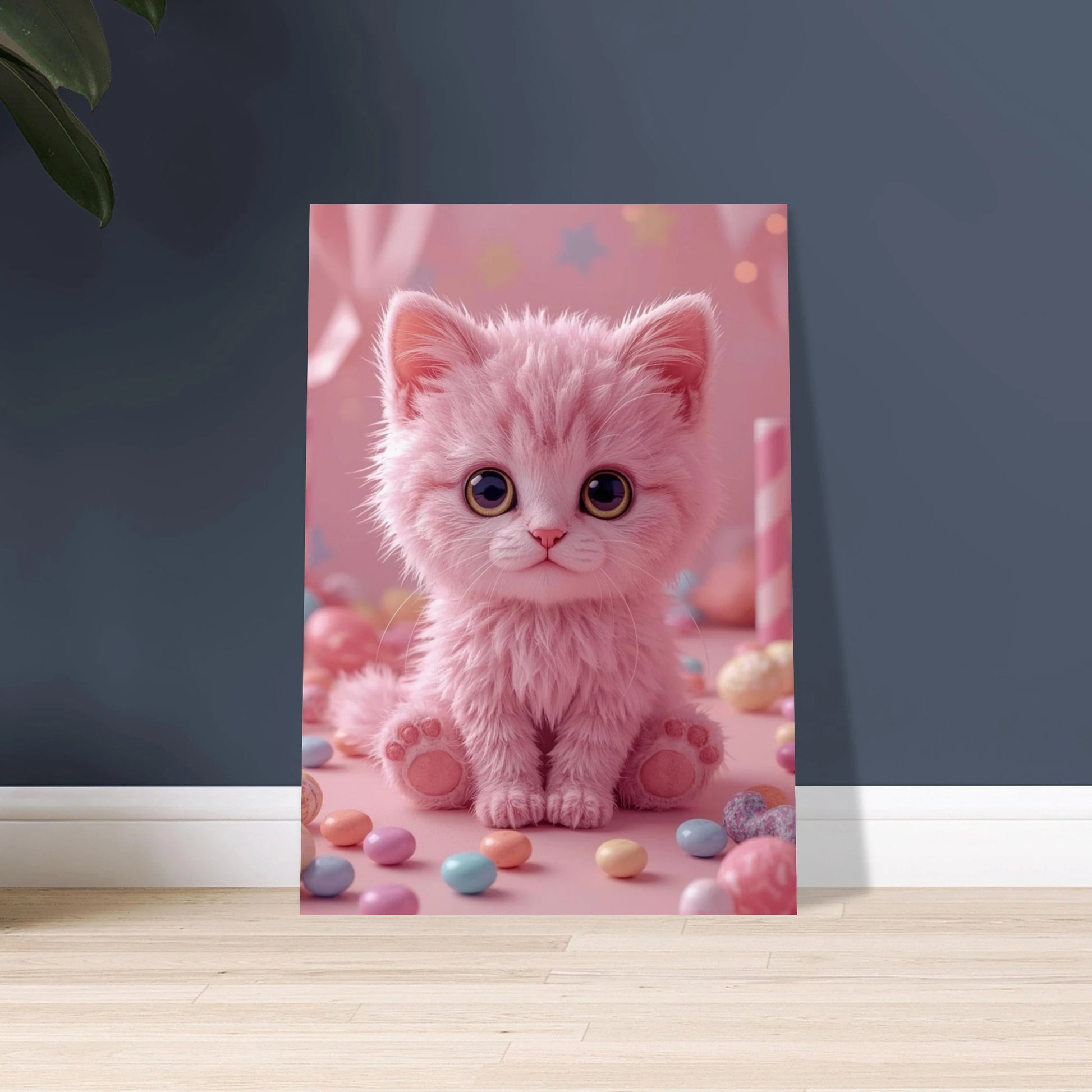 Rosa fluffig kattunge med stora ögon omgiven av godis