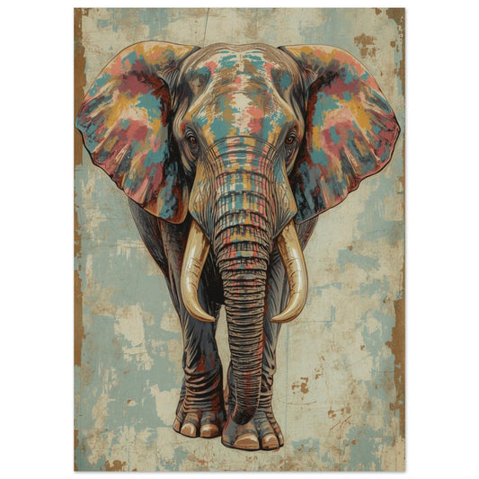 Målad elefant i pastellfärger med stora betar mot en strukturerad bakgrund – Målad Poster