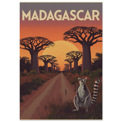 Ringstjärtslemur vid en väg kantad av baobabträd i solnedgång – vintageposter