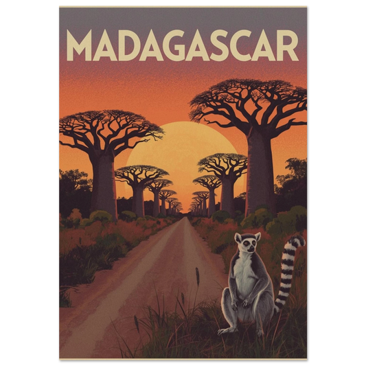Ringstjärtslemur vid en väg kantad av baobabträd i solnedgång – vintageposter