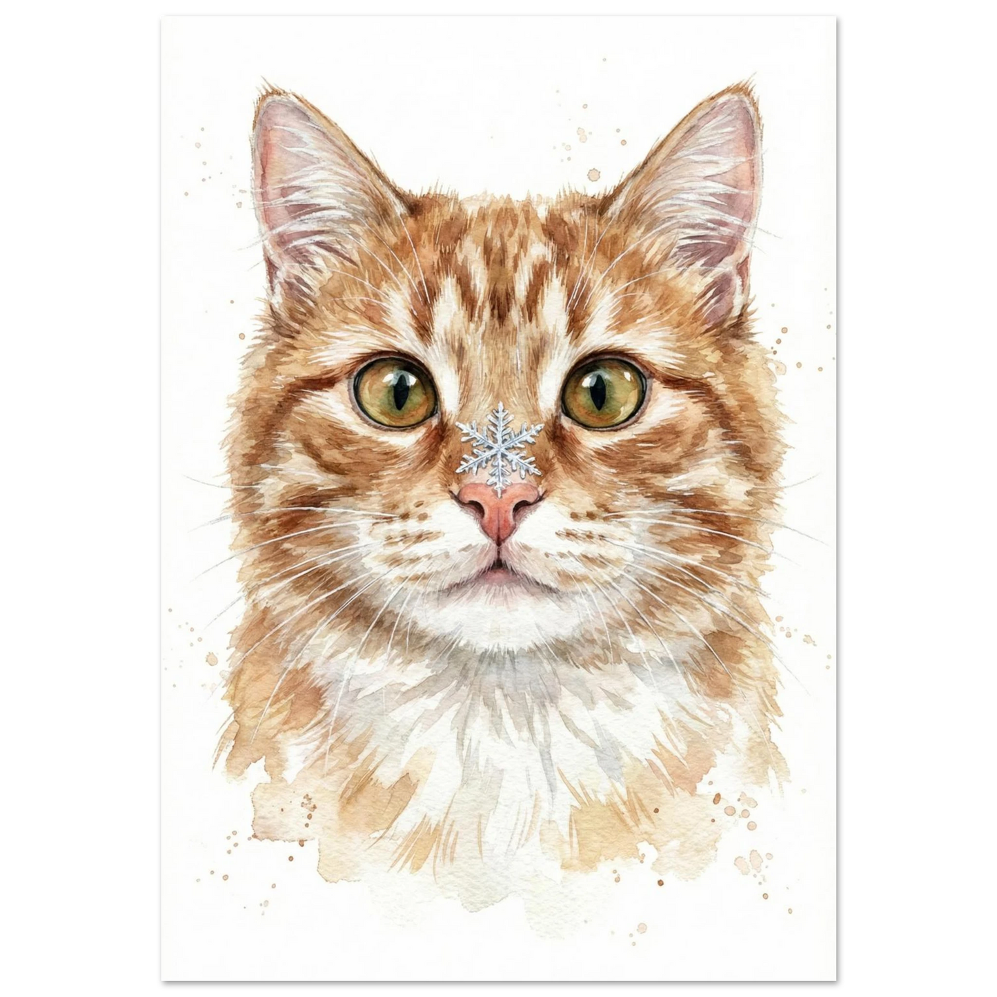 Närbild på orange katt med snöflinga på nosen, akvarellmålning