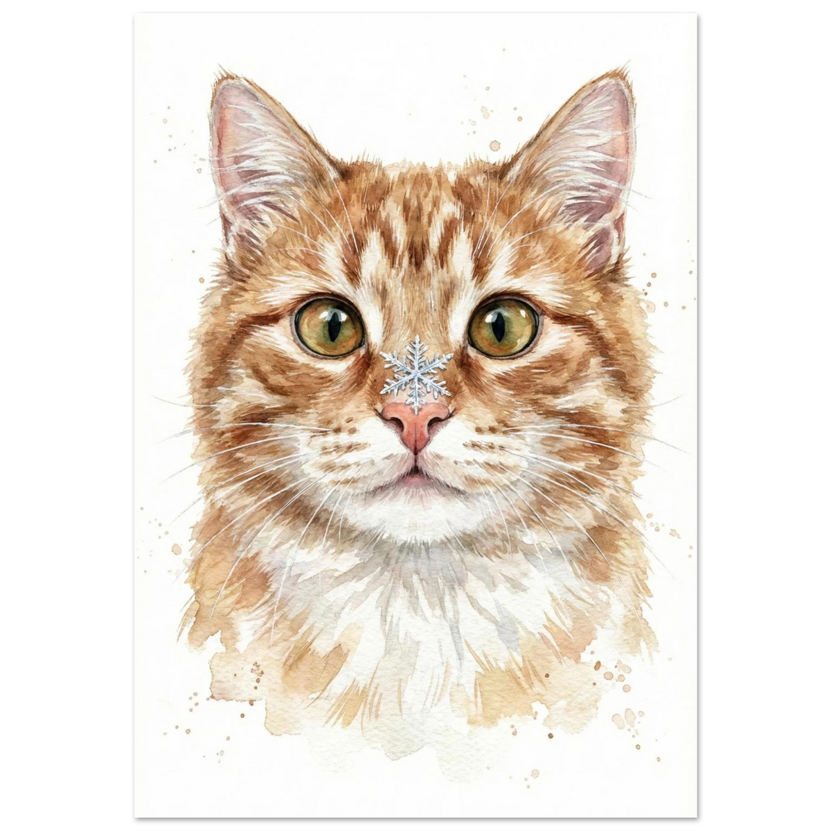 Närbild på orange katt med snöflinga på nosen, akvarellmålning