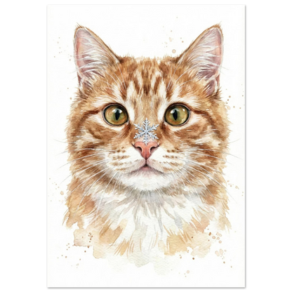 Närbild på orange katt med snöflinga på nosen, akvarellmålning