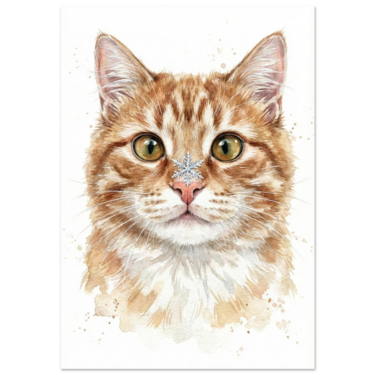 Närbild på orange katt med snöflinga på nosen, akvarellmålning