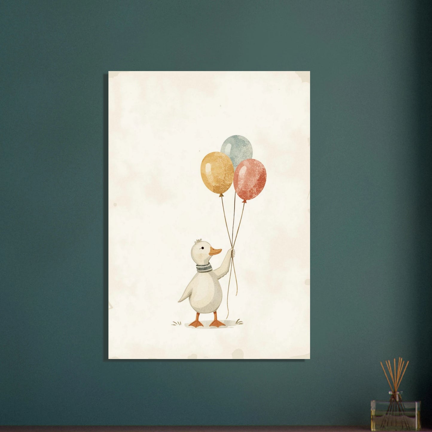 Anka med ballonger i vintage stil, lekfullt djurmotiv för barnrummet