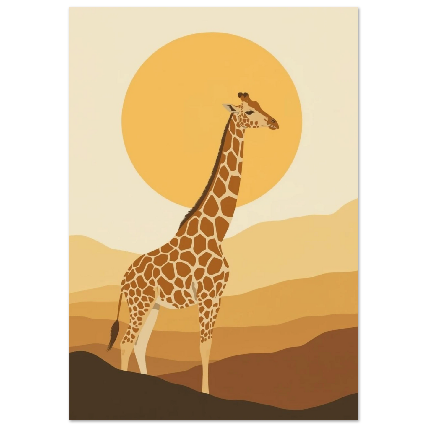 Giraff framför stor gul sol i ett varmt ökenlandskap – grafisk poster