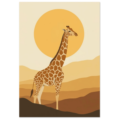 Giraff framför stor gul sol i ett varmt ökenlandskap – grafisk poster