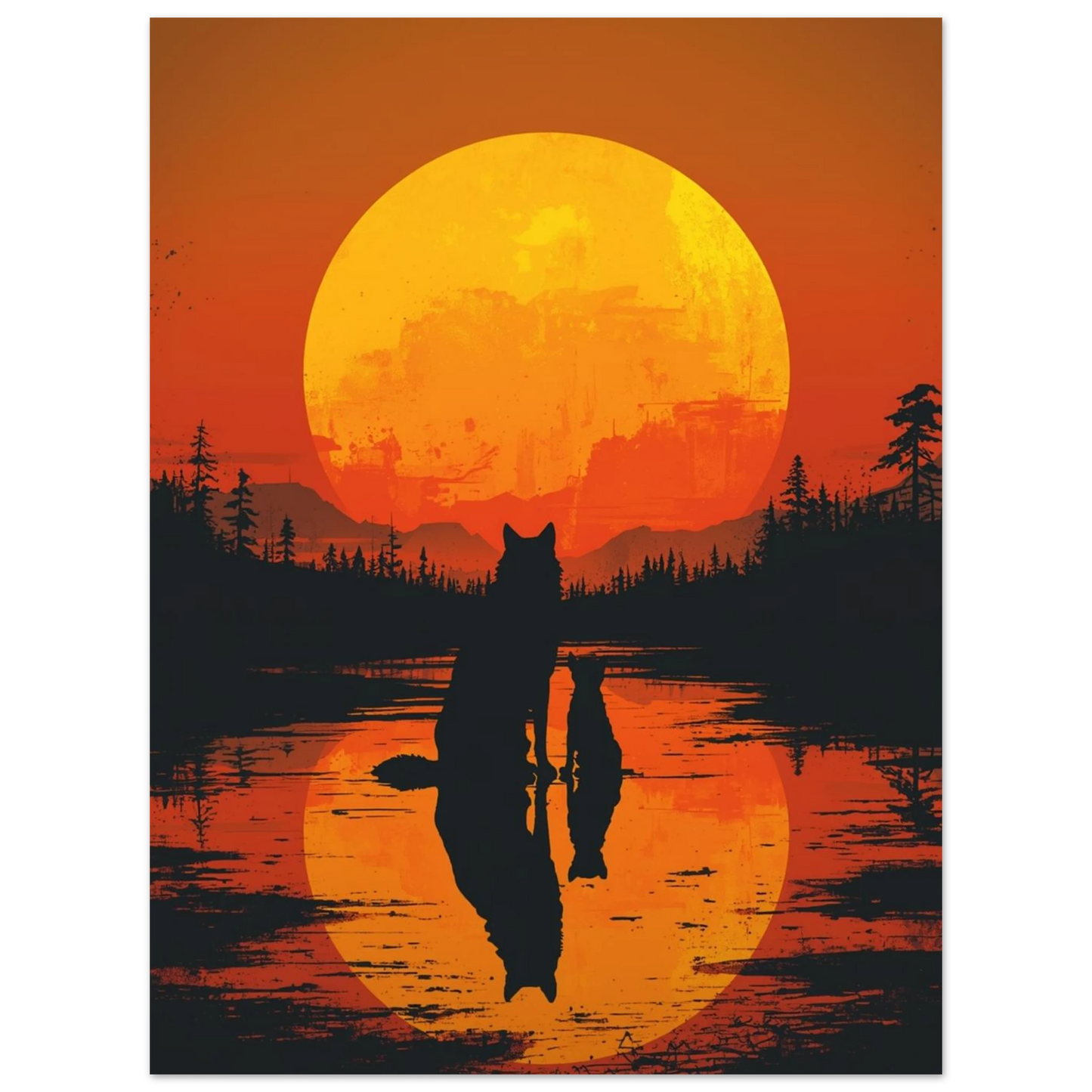 Minimalistisk illustration av vargar i skymning vid en skogssjö – print