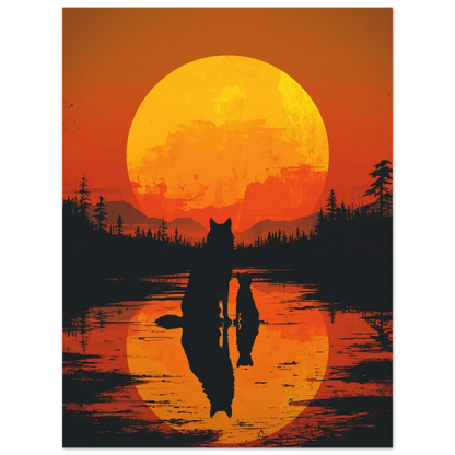 Minimalistisk illustration av vargar i skymning vid en skogssjö – print