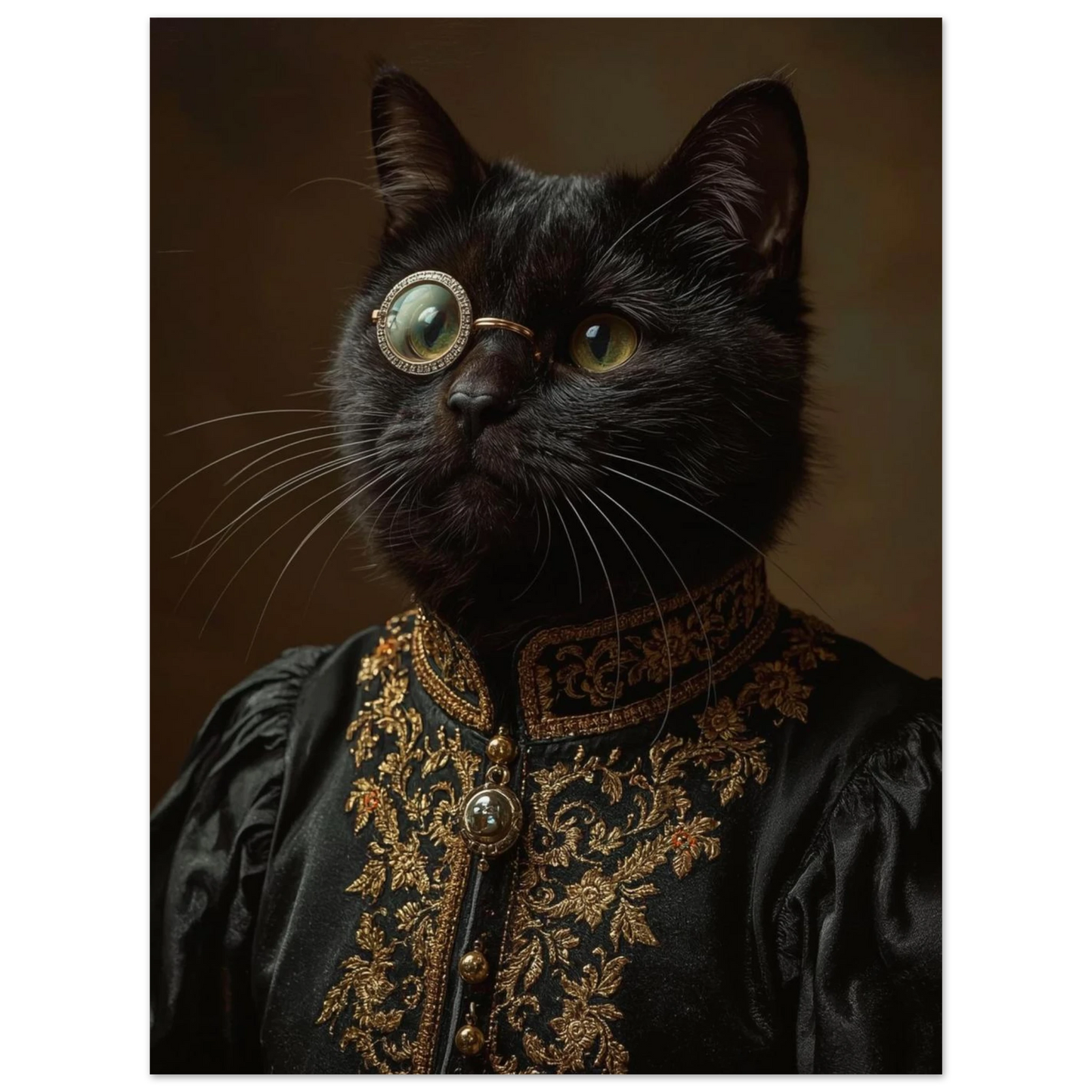 Närbild på svart katt klädd i historisk hovdräkt med guldiga detaljer