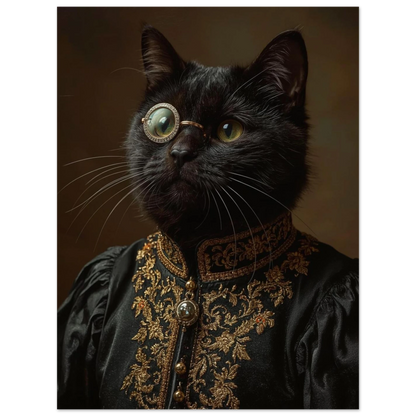 Närbild på svart katt klädd i historisk hovdräkt med guldiga detaljer