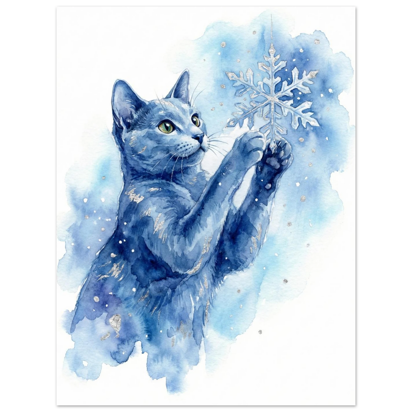 Konstnärligt djurmotiv av en blå katt i ett vintrigt snöfall