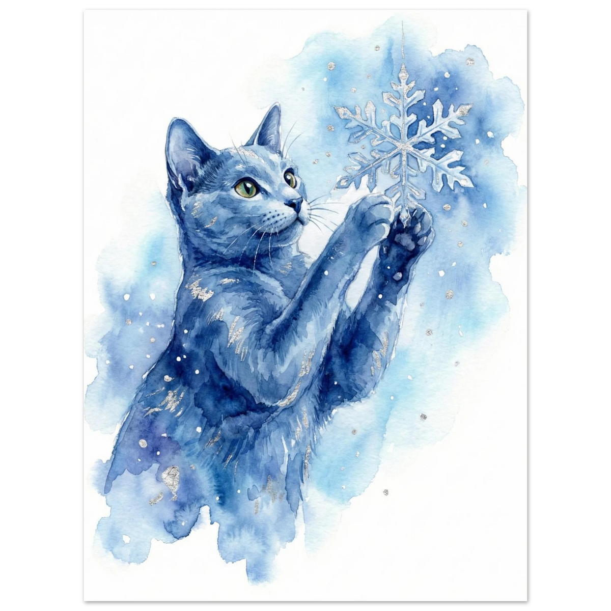 Konstnärligt djurmotiv av en blå katt i ett vintrigt snöfall