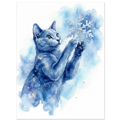 Konstnärligt djurmotiv av en blå katt i ett vintrigt snöfall