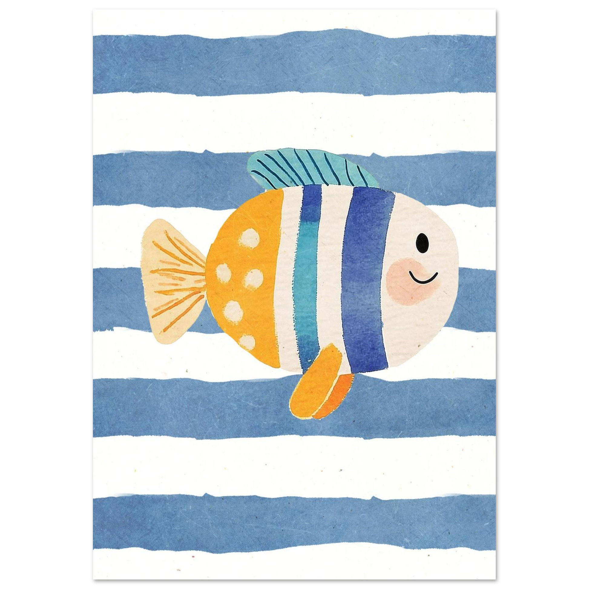 Lekfull marin barnposter föreställande en färgglad fisk i akvarellstil
