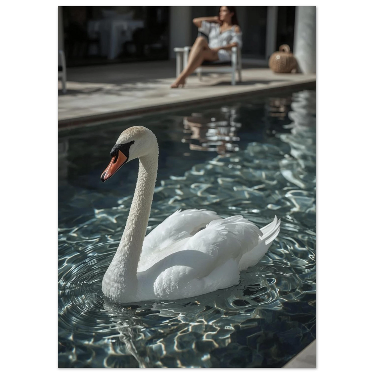 Närbild av en svan i en pool med turkosa vattenspeglingar