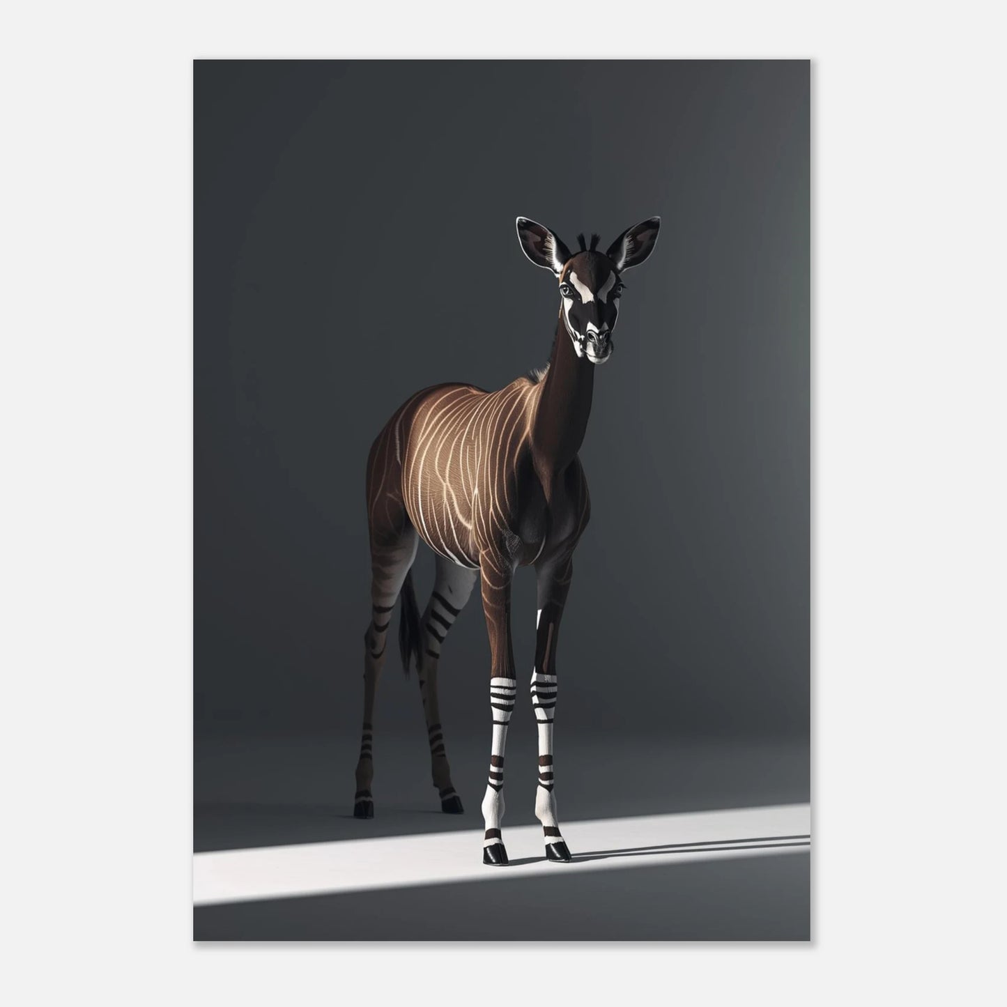 Elegant djurmotiv föreställande en okapi i mjukt fokuserat ljus